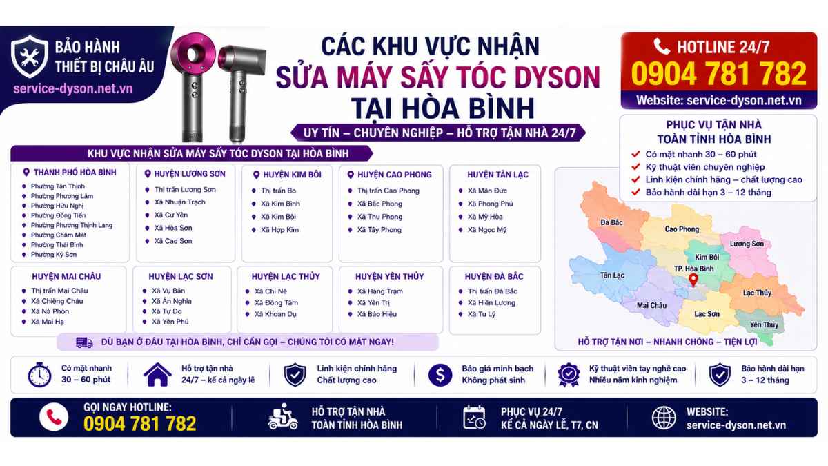 Các khu vực nhận sửa máy sấy tóc Dyson tại Hòa Bình